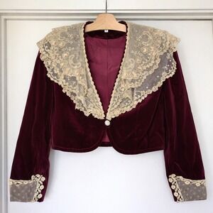 Vintage 70s Velvet Lace Cropped Jacket Burgundy Crochet Collar Prairie XS